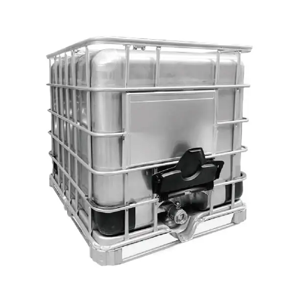 Stainless steel IBC in a protective frame with a discharge valve