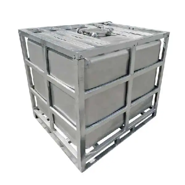 Stainless steel IBC with a reinforced square metal frame