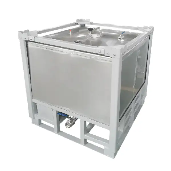 Framed stainless steel container with sloping sides