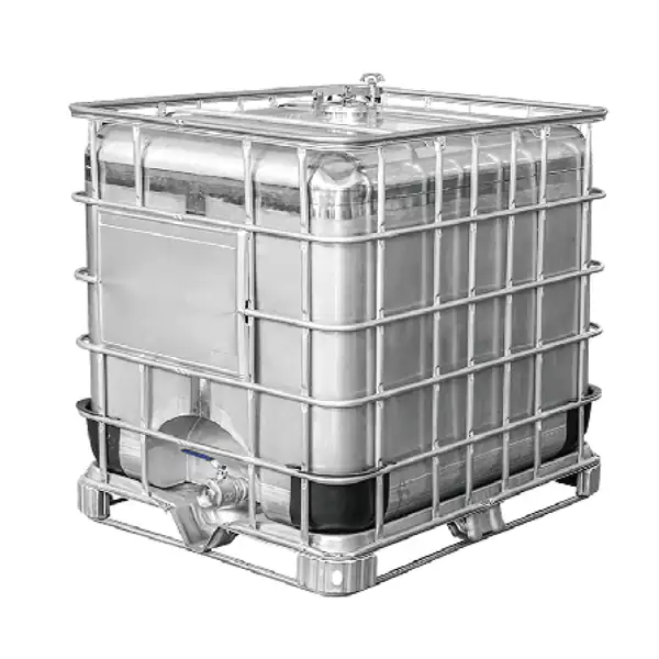 Square stainless steel IBC with a protective metal frame
