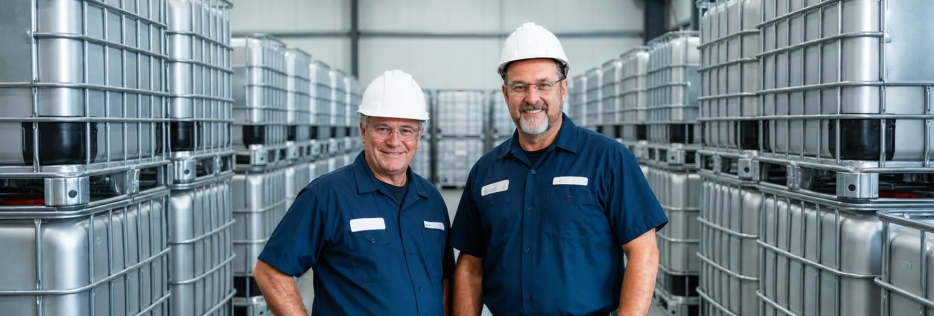 Two workers among stainless steel IBC storage tanks
