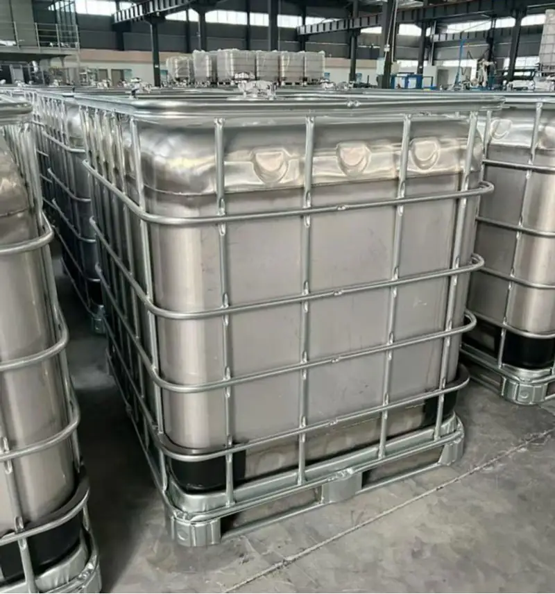 Stainless steel IBC photographed inside a production workshop