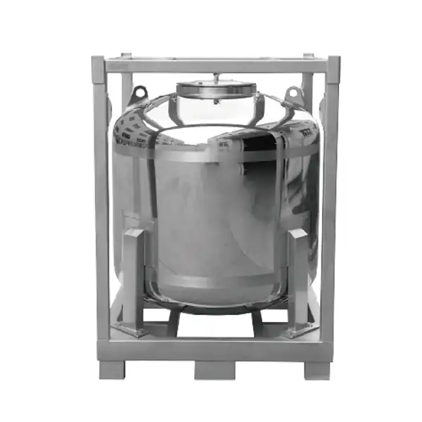 Stainless steel mixing drum displayed in a protective frame