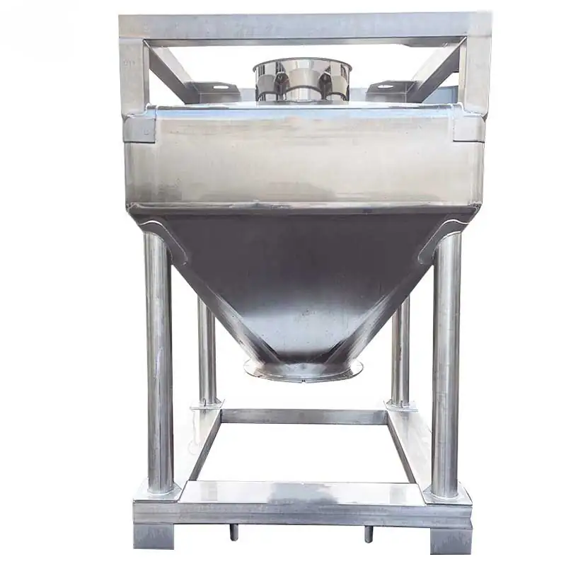 Steel storage hopper with a sloping bottom in a protective frame