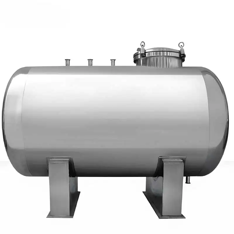 Horizontal stainless steel tank with fittings on top