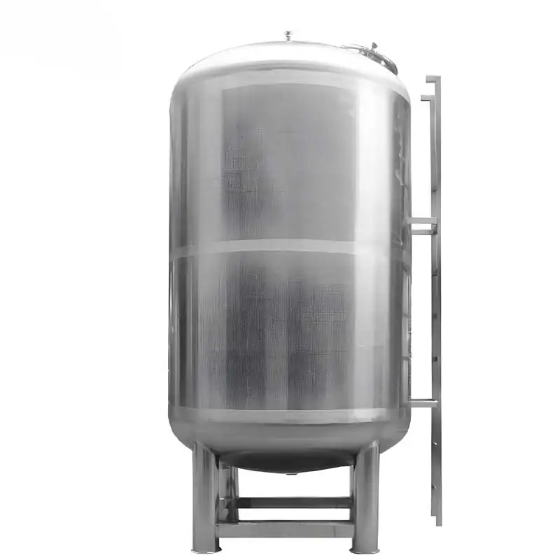Stainless steel storage vessel with supporting legs and an outlet